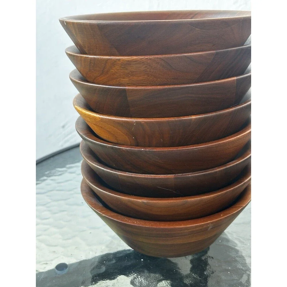 Vintage Wood Salad Bowl Set Of 8 Serving  6.5 “ Acacia Wood Mid Century